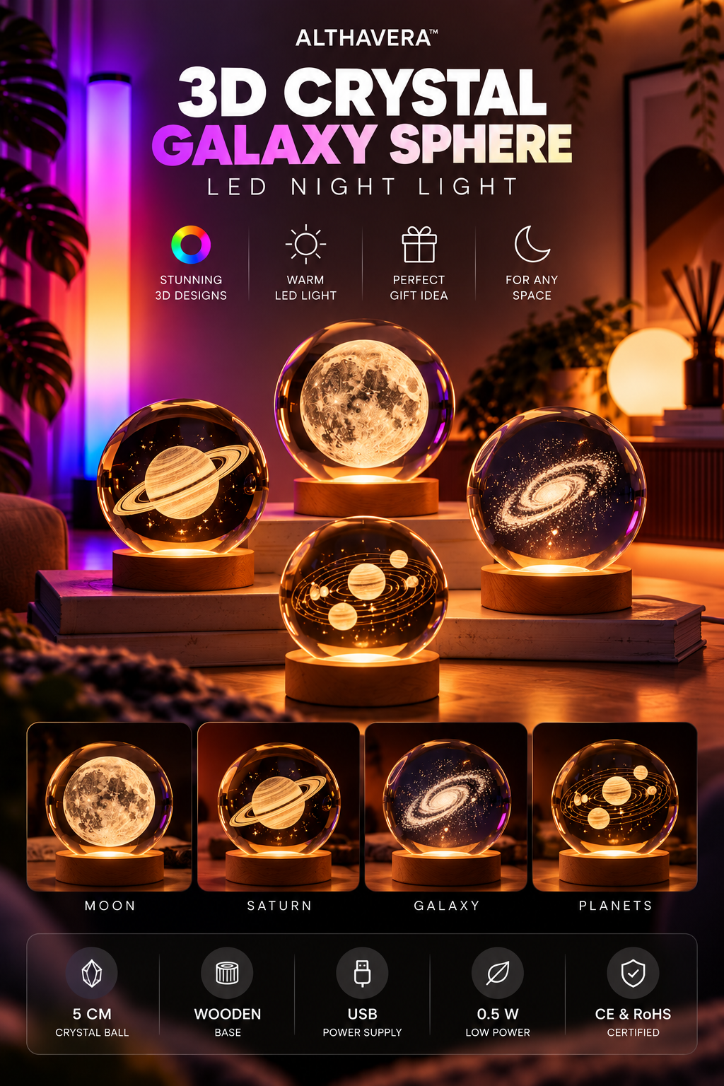 ALTHAVERA - 3D Crystal Galaxy Sphere – LED Night Light