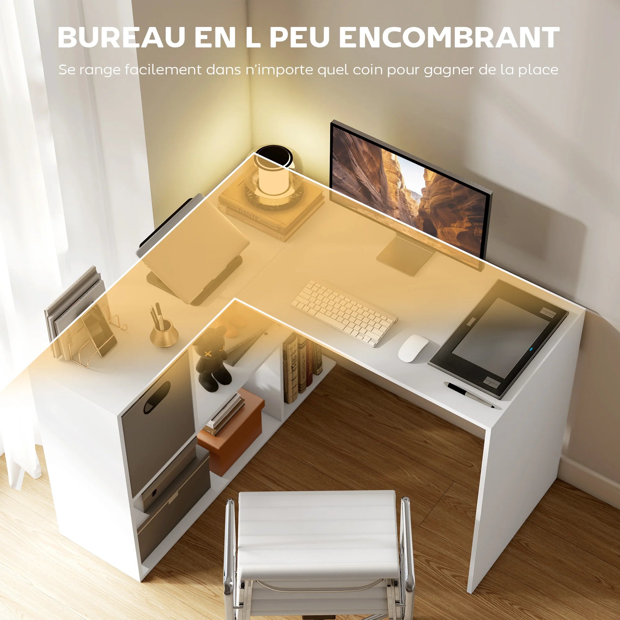 HOMCOM desk Corner Corner, 110 x x 75 cm, L-shaped computer desk with fabric drawer and open compartments, home computer table, bedroom and study room, white