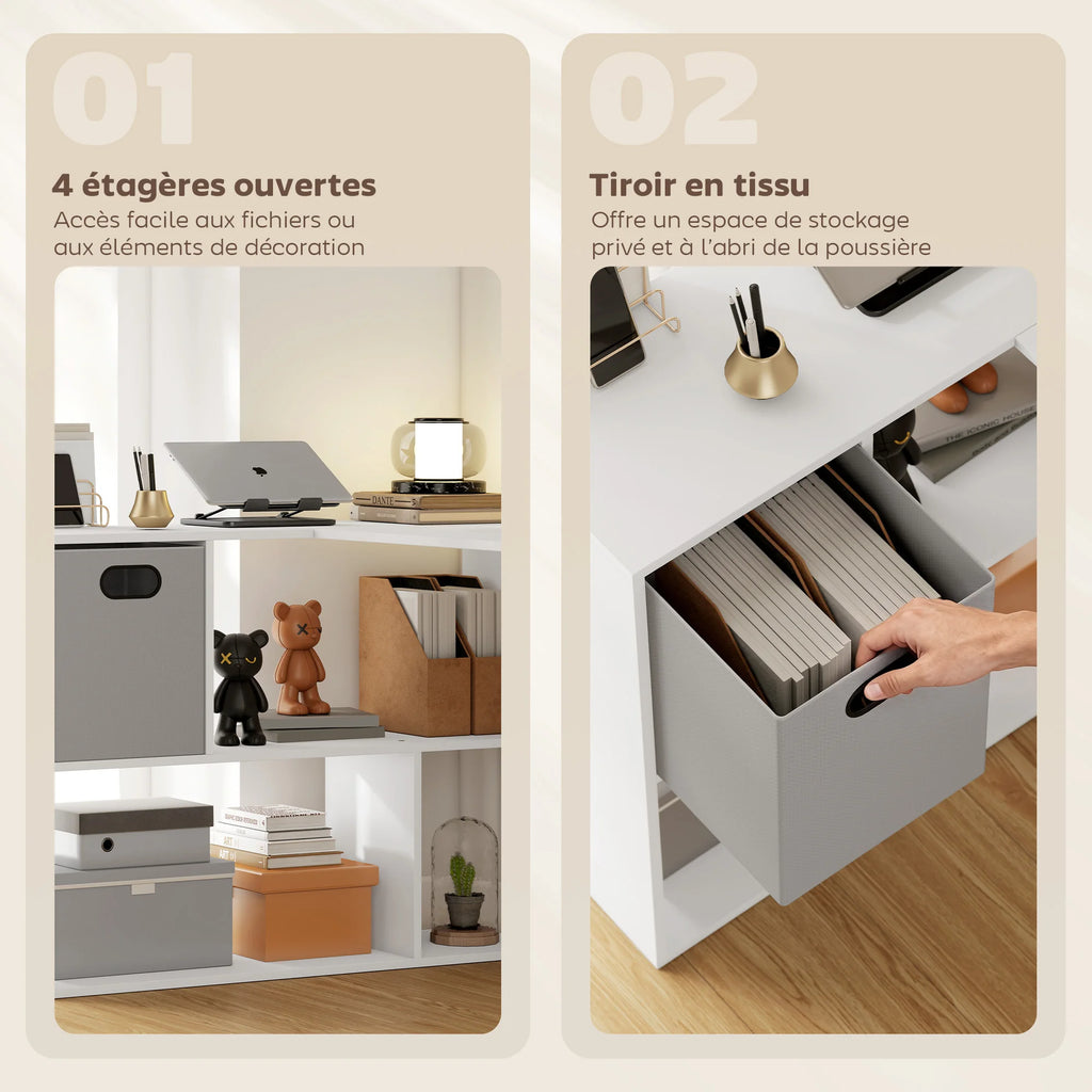 HOMCOM desk Corner Corner, 110 x x 75 cm, L-shaped computer desk with fabric drawer and open compartments, home computer table, bedroom and study room, white