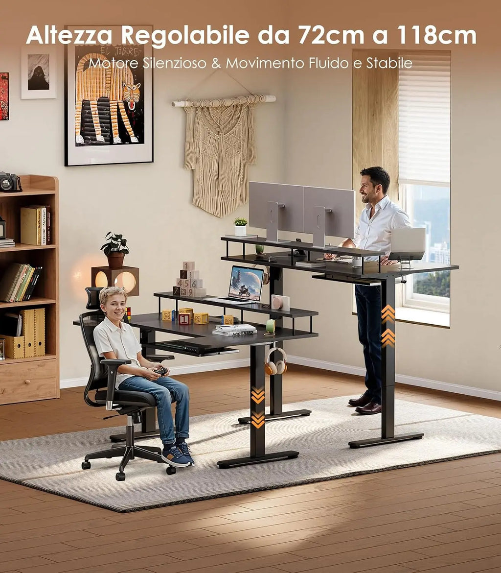 Offigo U Shape Elevating Desk Table, 140cm Electric Elevating Desk with Monitor Stand, USB Plugs and Charging, Standing Desk with Led, Table for Gaming Computer and Office, Black