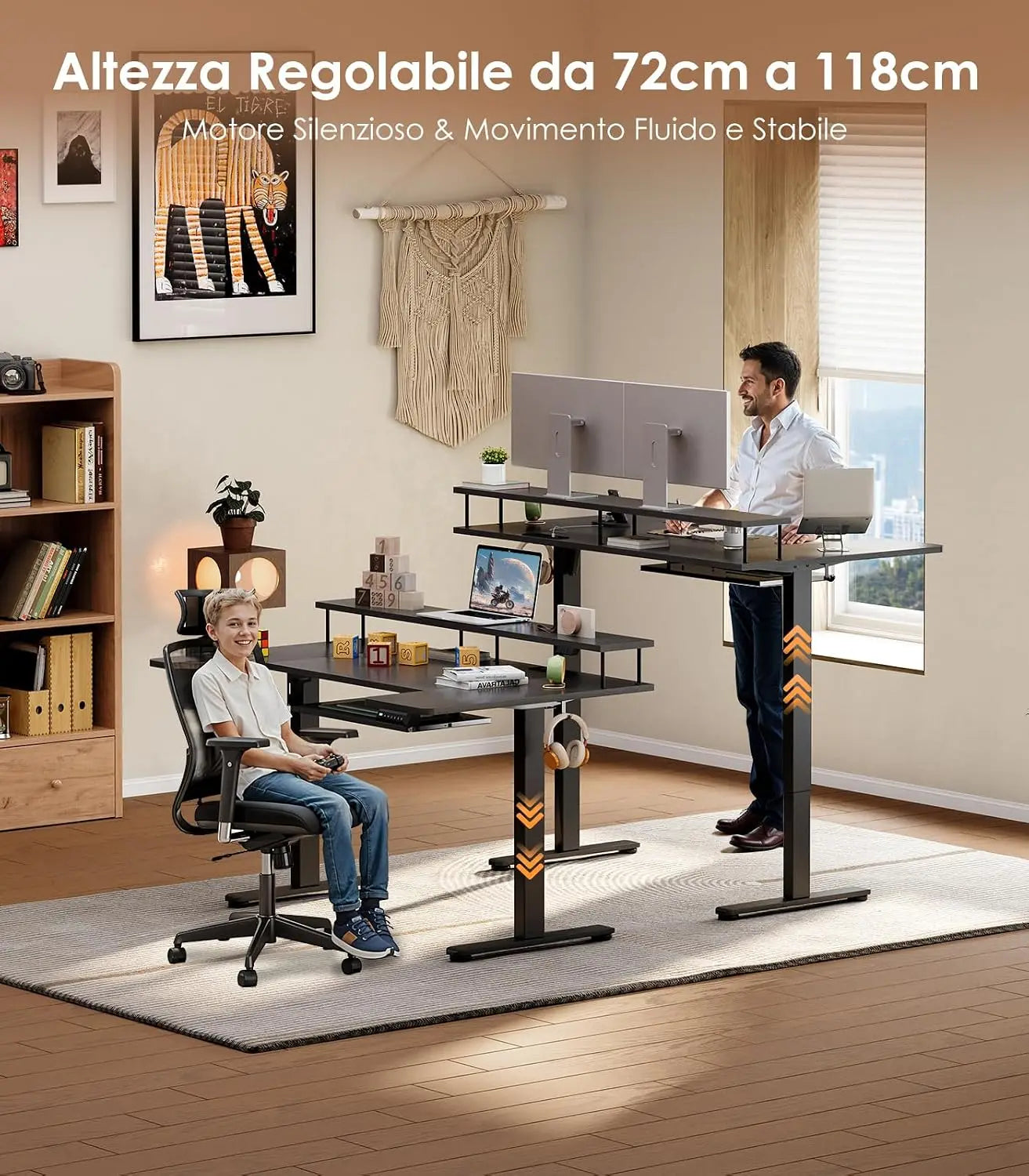 Offigo U Shape Elevating Desk Table, 140cm Electric Elevating Desk with Monitor Stand, USB Plugs and Charging, Standing Desk with Led, Table for Gaming Computer and Office, Black
