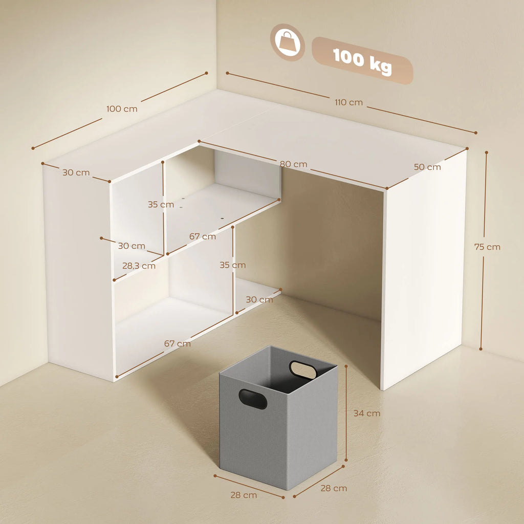 HOMCOM desk Corner Corner, 110 x x 75 cm, L-shaped computer desk with fabric drawer and open compartments, home computer table, bedroom and study room, white