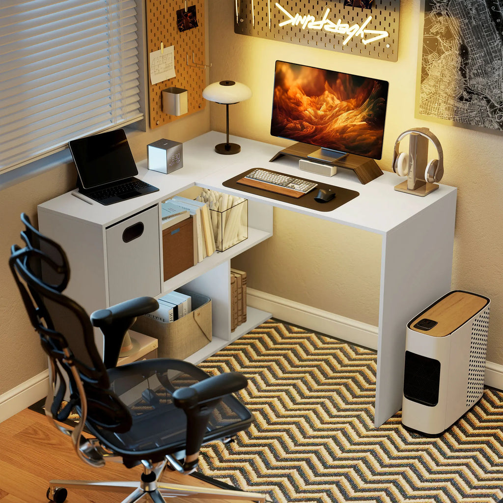 HOMCOM desk Corner Corner, 110 x x 75 cm, L-shaped computer desk with fabric drawer and open compartments, home computer table, bedroom and study room, white