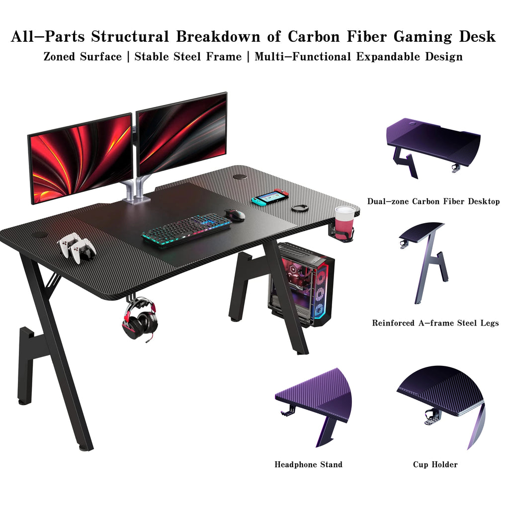 80/100/120/140Cm A-Shaped Carbon Fiber Gaming Desk Ergonomic Computer Workstation Home Office Table With Cup Holder Headphone Hook Stable Steel Frame Easy to Assemble Space Saving Desk