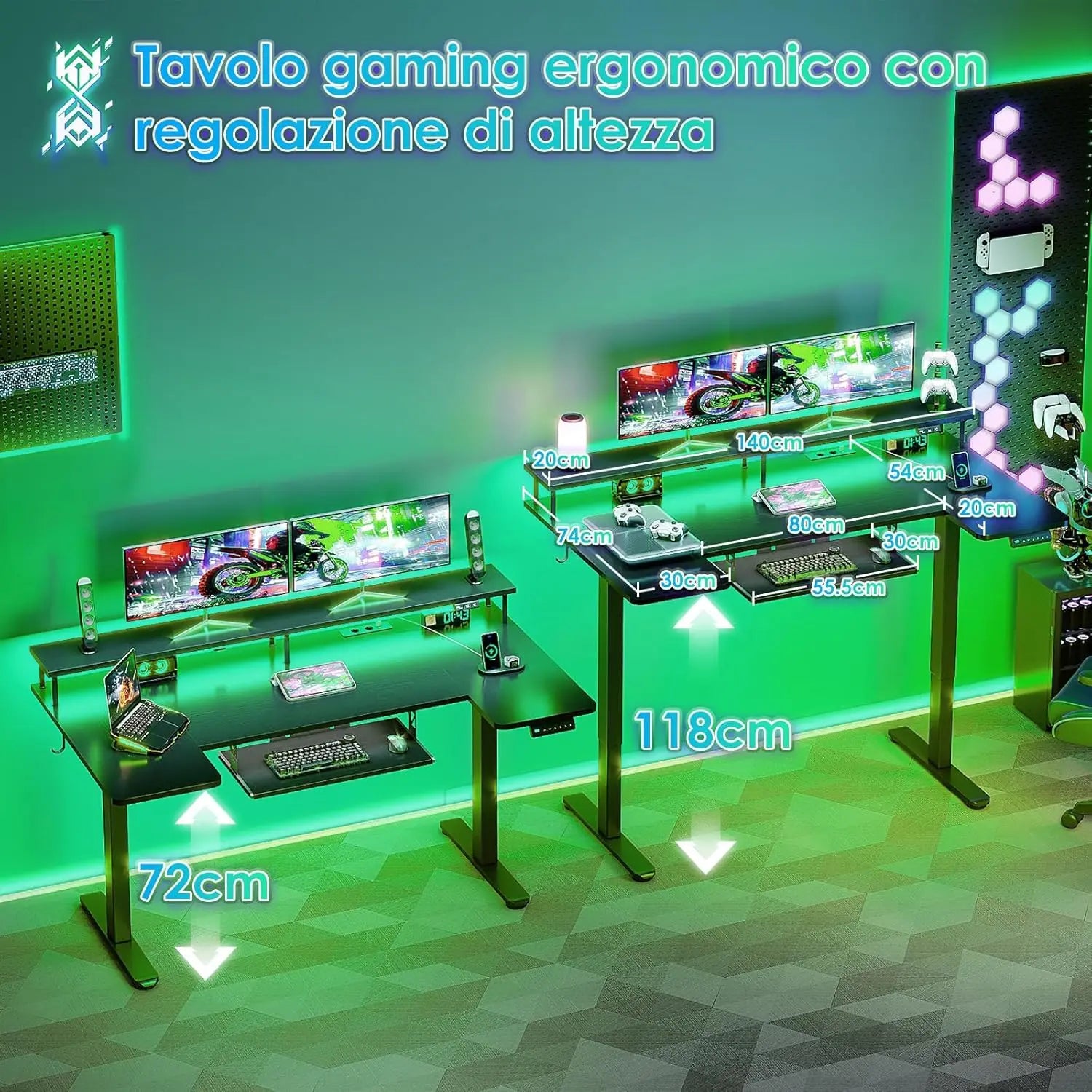Offigo U Shape Elevating Desk Table, 140cm Electric Elevating Desk with Monitor Stand, USB Plugs and Charging, Standing Desk with Led, Table for Gaming Computer and Office, Black