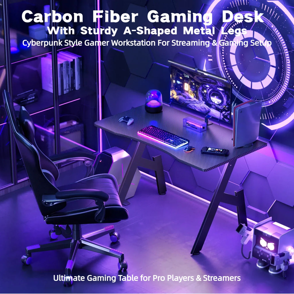 80/100/120/140Cm A-Shaped Carbon Fiber Gaming Desk Ergonomic Computer Workstation Home Office Table With Cup Holder Headphone Hook Stable Steel Frame Easy to Assemble Space Saving Desk