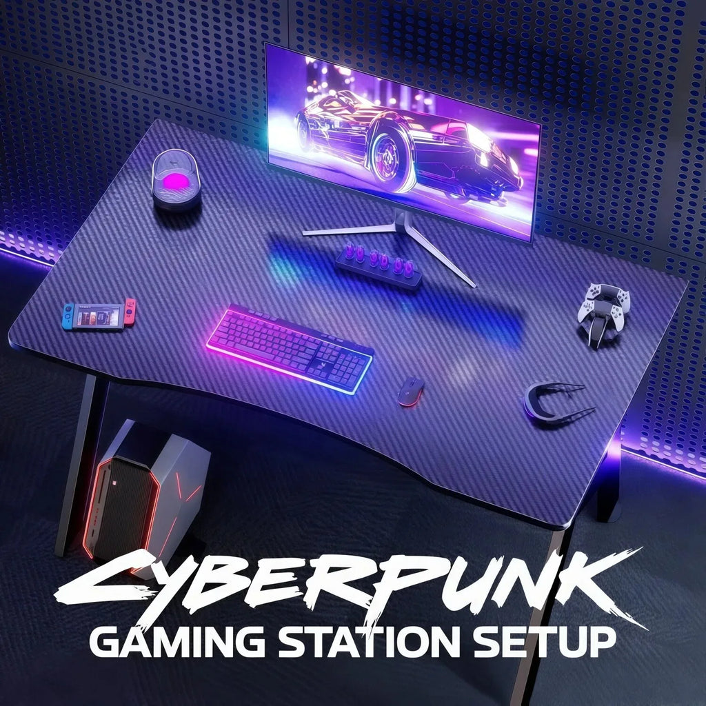 80/100/120/140Cm A-Shaped Carbon Fiber Gaming Desk Ergonomic Computer Workstation Home Office Table With Cup Holder Headphone Hook Stable Steel Frame Easy to Assemble Space Saving Desk