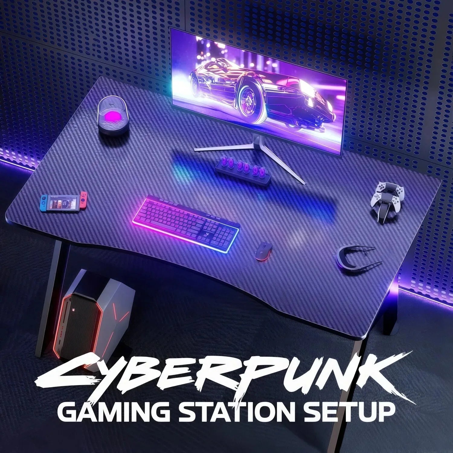 80/100/120/140Cm A-Shaped Carbon Fiber Gaming Desk Ergonomic Computer Workstation Home Office Table With Cup Holder Headphone Hook Stable Steel Frame Easy to Assemble Space Saving Desk