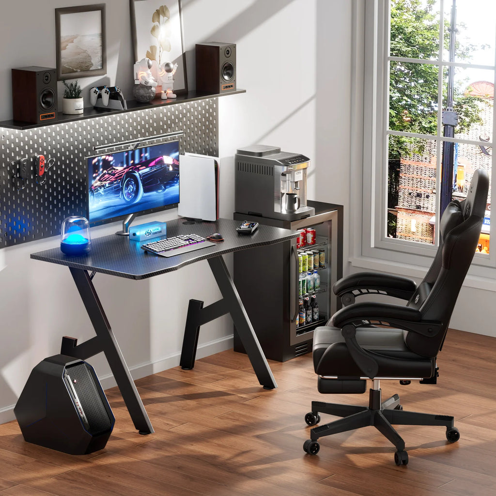 80/100/120/140Cm A-Shaped Carbon Fiber Gaming Desk Ergonomic Computer Workstation Home Office Table With Cup Holder Headphone Hook Stable Steel Frame Easy to Assemble Space Saving Desk