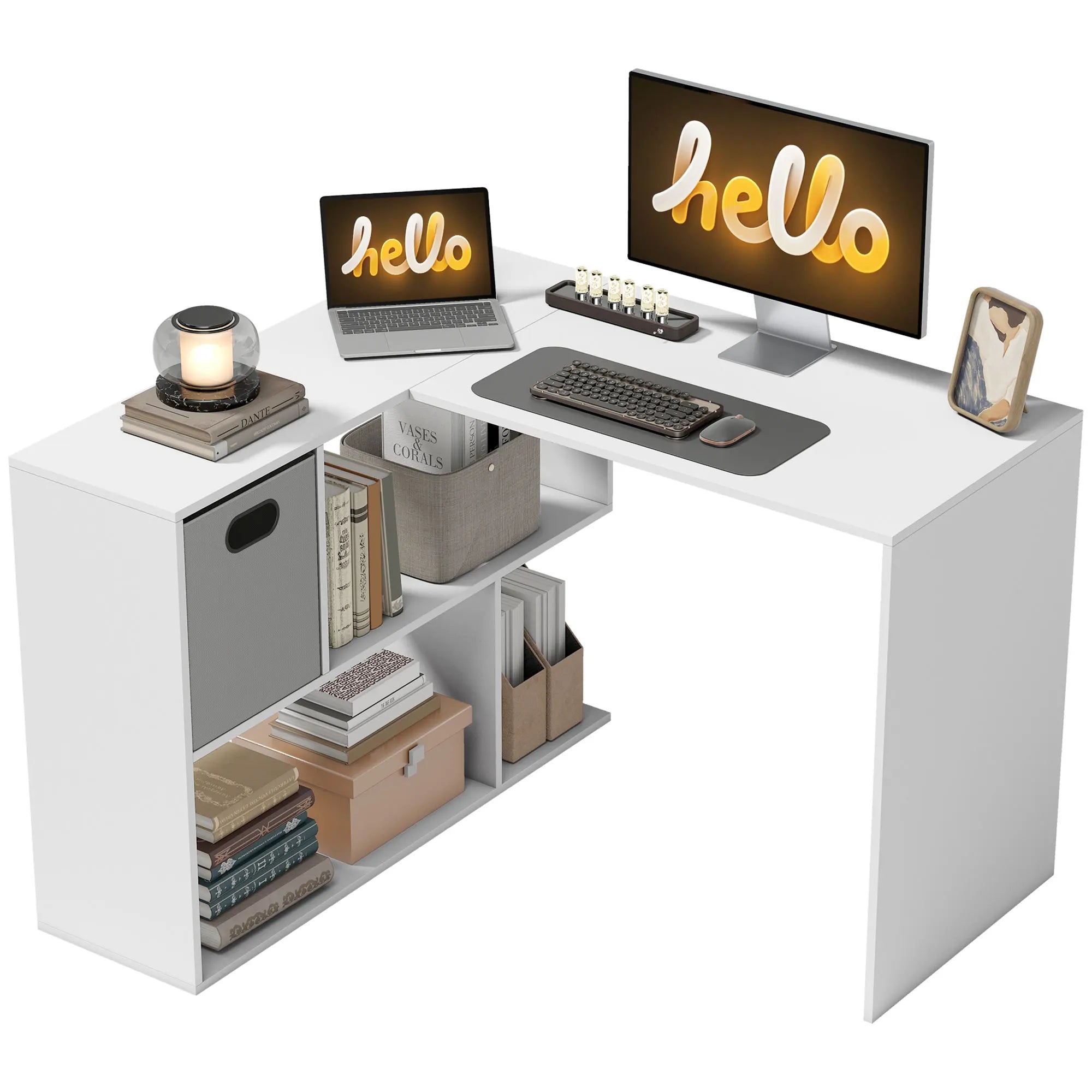 HOMCOM desk Corner Corner, 110 x x 75 cm, L-shaped computer desk with fabric drawer and open compartments, home computer table, bedroom and study room, white