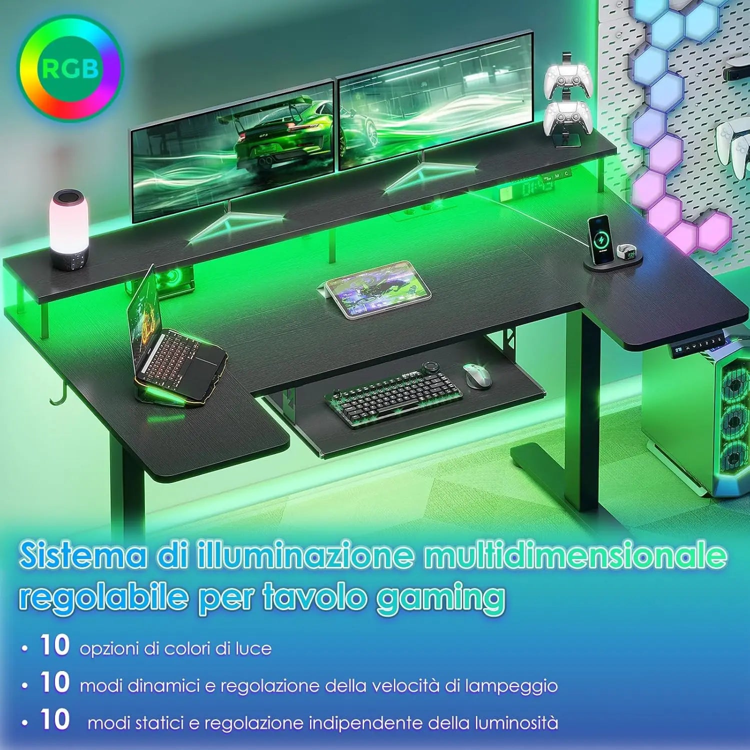 Offigo U Shape Elevating Desk Table, 140cm Electric Elevating Desk with Monitor Stand, USB Plugs and Charging, Standing Desk with Led, Table for Gaming Computer and Office, Black