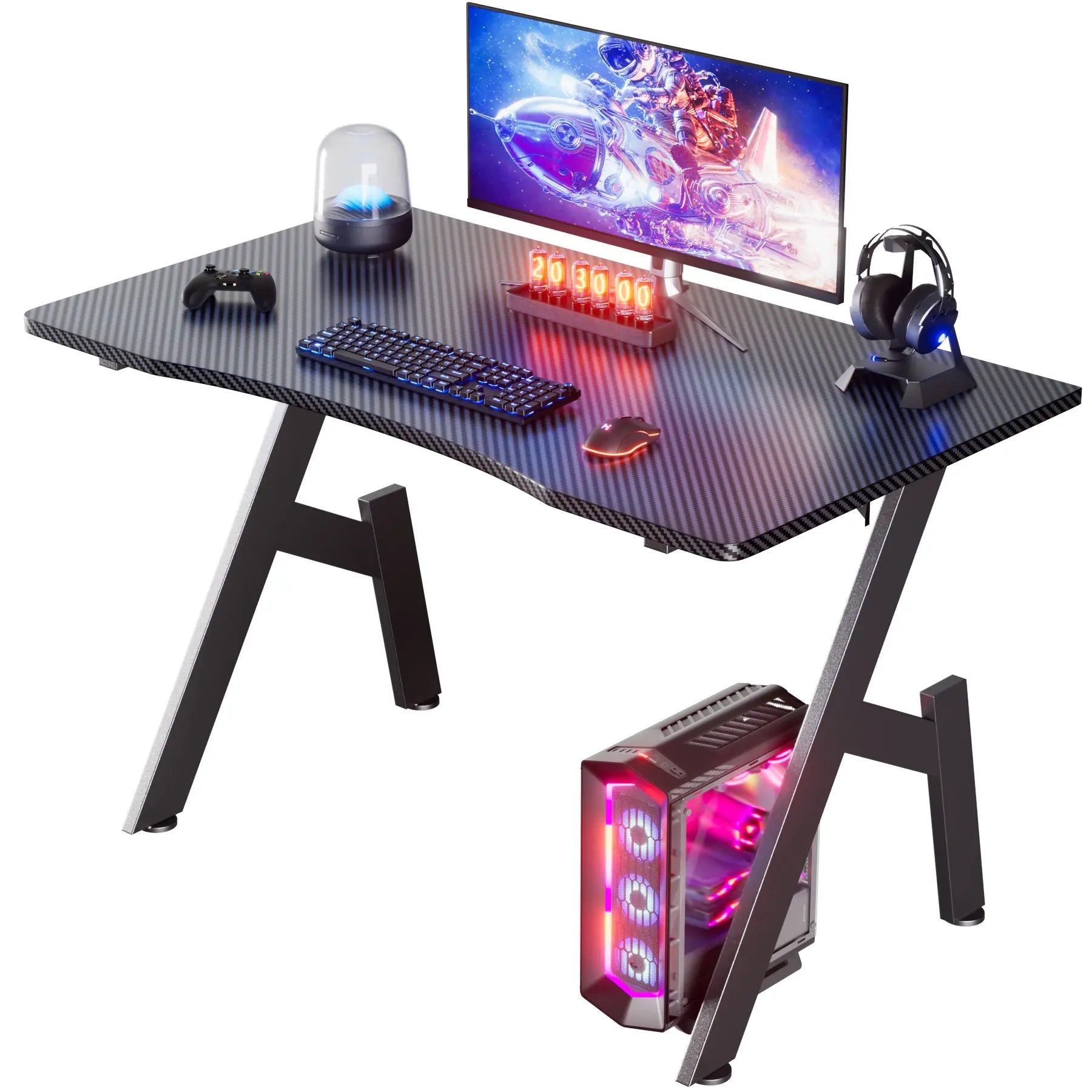 80/100/120/140Cm A-Shaped Carbon Fiber Gaming Desk Ergonomic Computer Workstation Home Office Table With Cup Holder Headphone Hook Stable Steel Frame Easy to Assemble Space Saving Desk