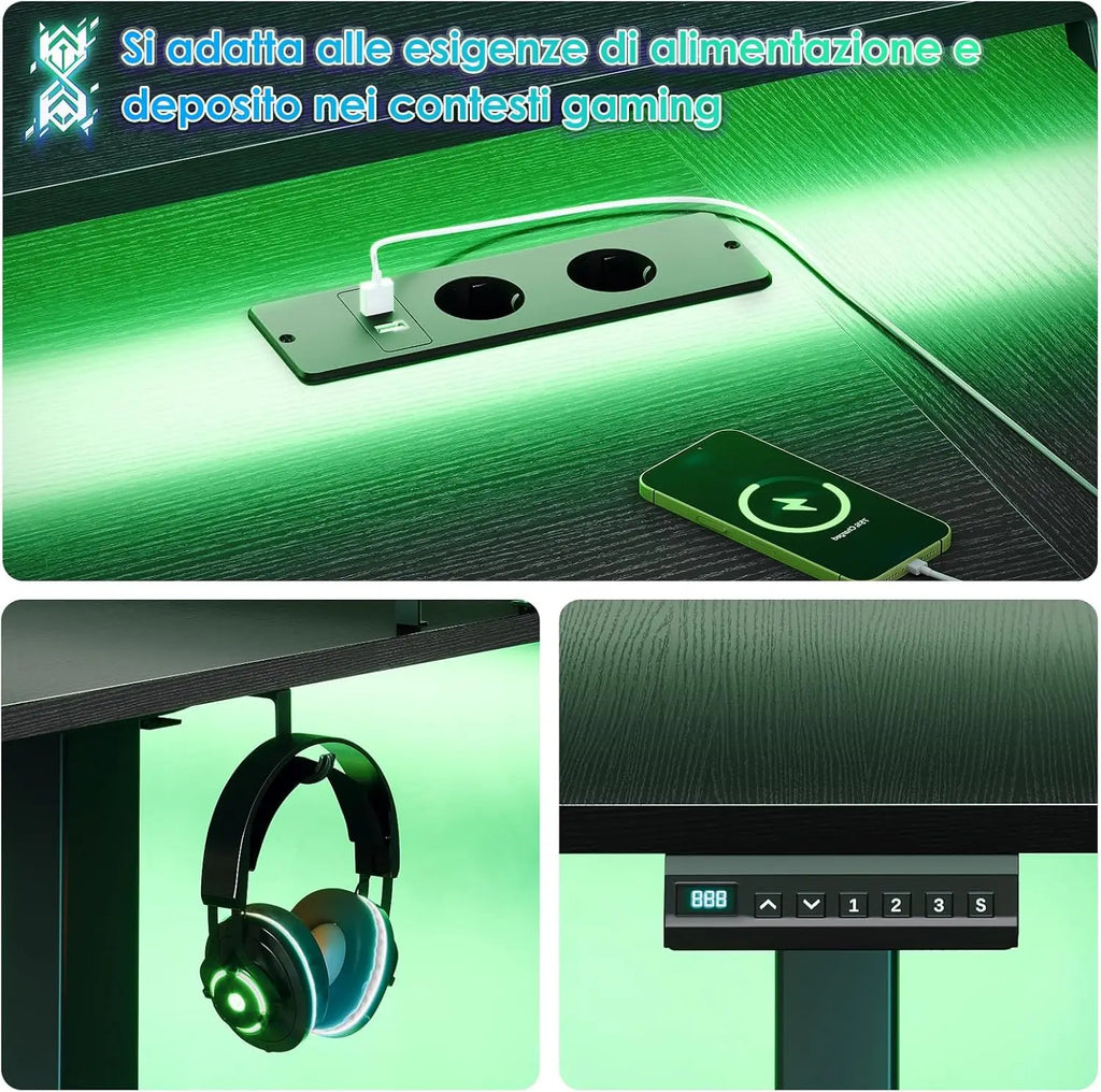 Offigo U Shape Elevating Desk Table, 140cm Electric Elevating Desk with Monitor Stand, USB Plugs and Charging, Standing Desk with Led, Table for Gaming Computer and Office, Black